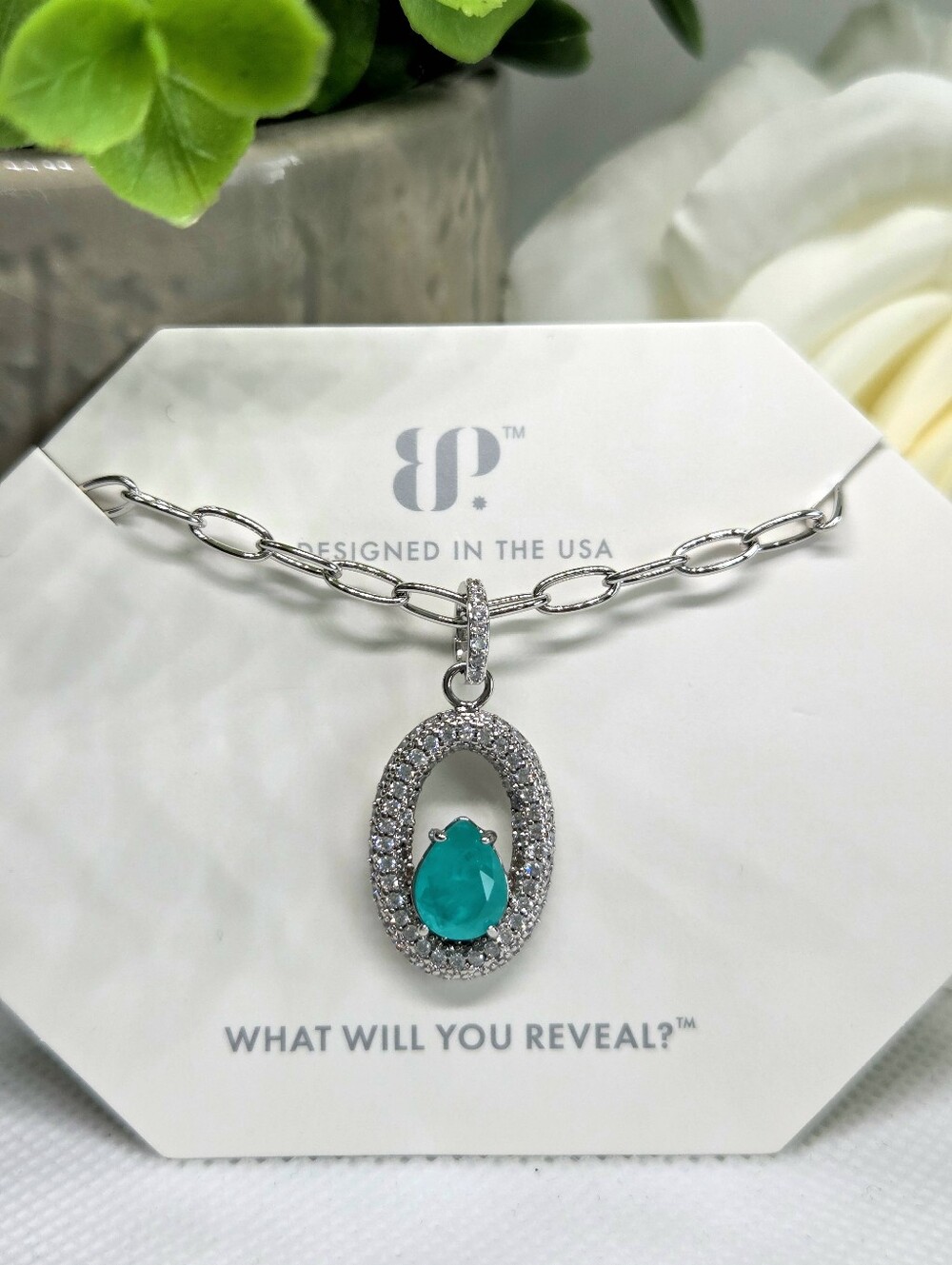 BP Teardrop Blue Aragonite Pendant Necklace in Rhodium Plating